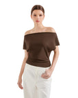 SUUKSESS Women Off The Shoulder Summer Tops One Shoulder T Shirt Casual Short Sleeve Boat Neck Tees-SUUKSESS-Brown-XS-SUUKSESS