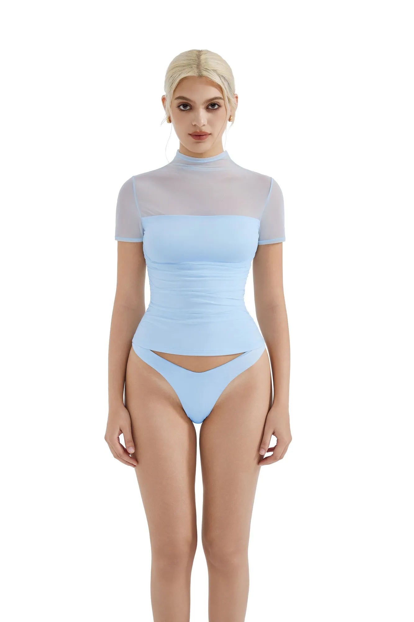 Mesh Mock Neck Shirt-Clothing-SUUKSESS-Sky Blue-XS-SUUKSESS