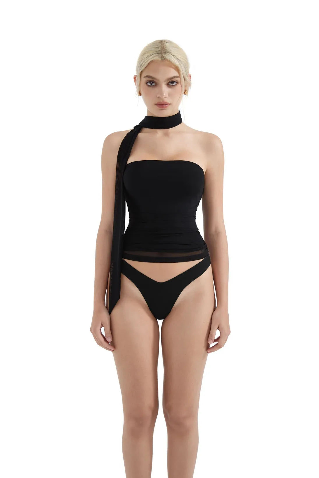 Mesh Ruched Tube Top &amp; Scarf