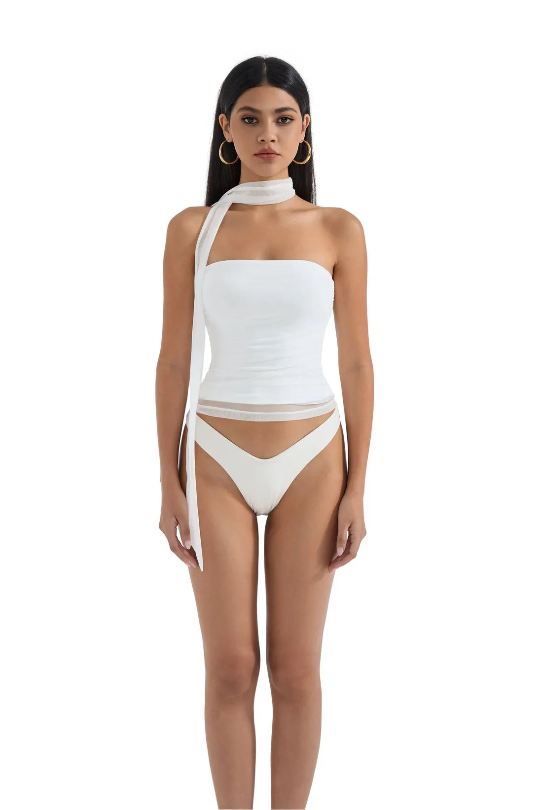 Mesh Ruched Tube Top &amp; Scarf