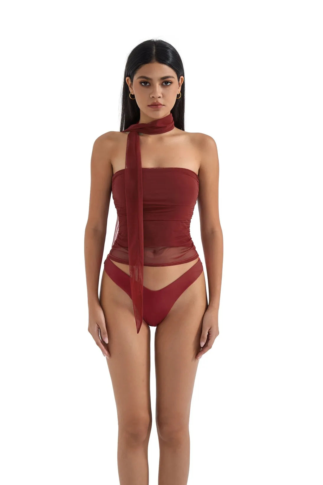 Mesh Ruched Tube Top &amp; Scarf