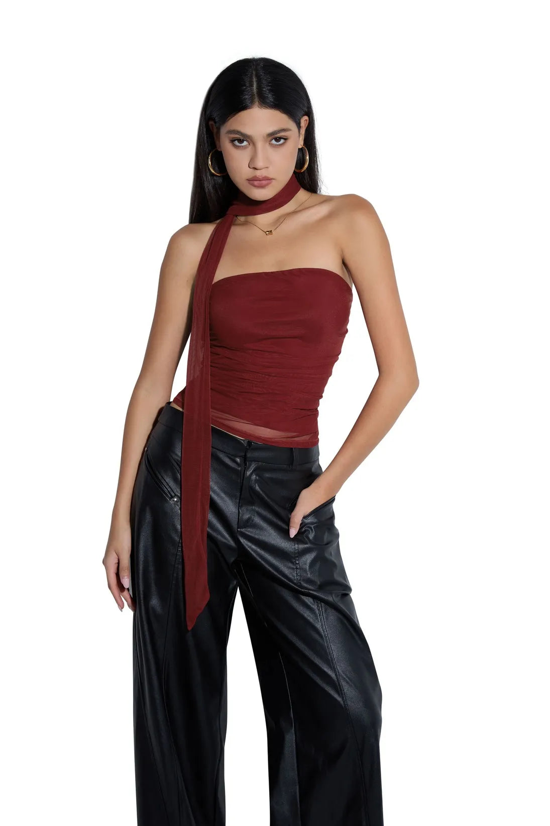 Mesh Ruched Tube Top &amp; Scarf
