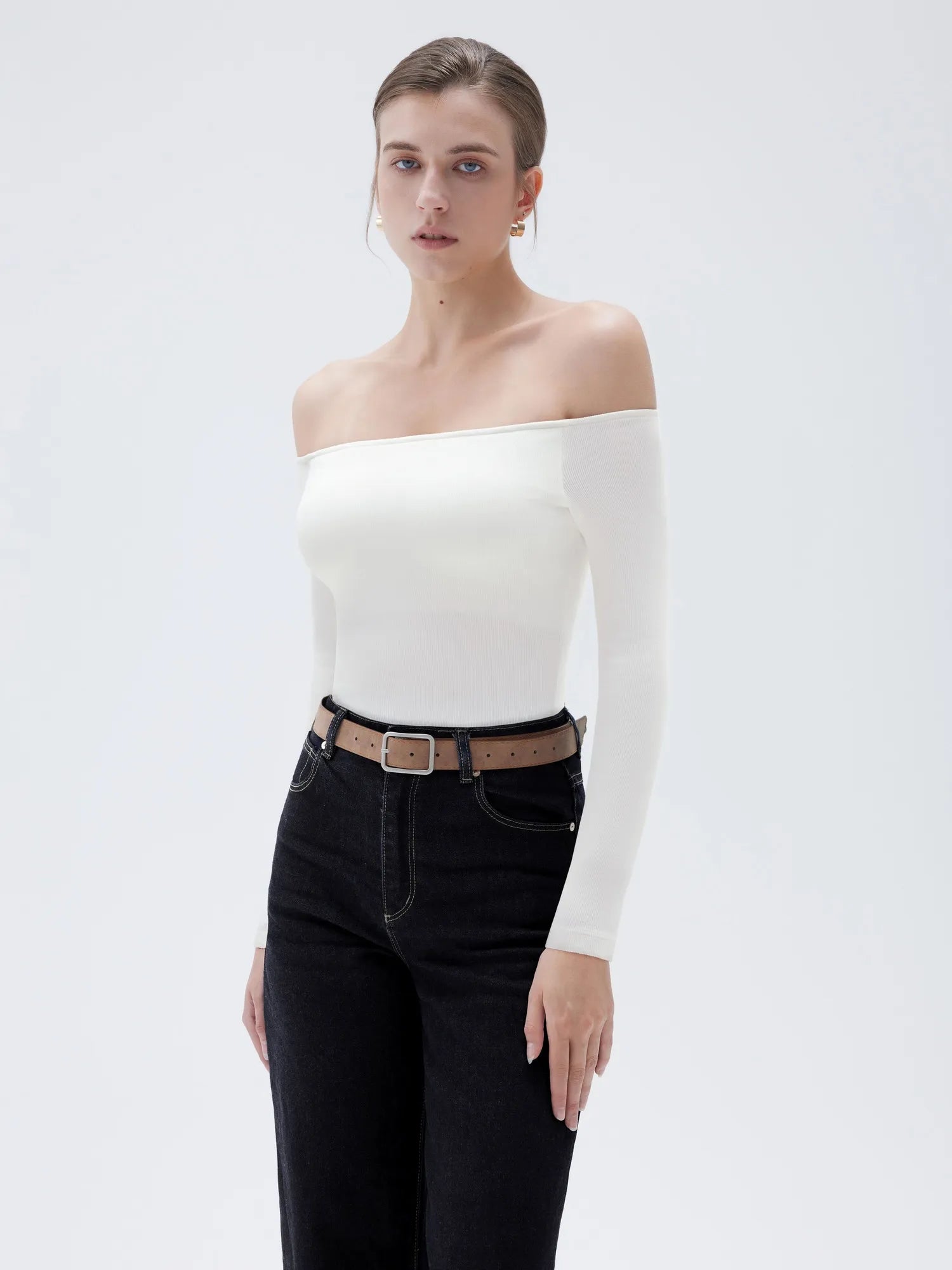 Ribbed Padded Off Shoulder Shirt - Long Sleeve