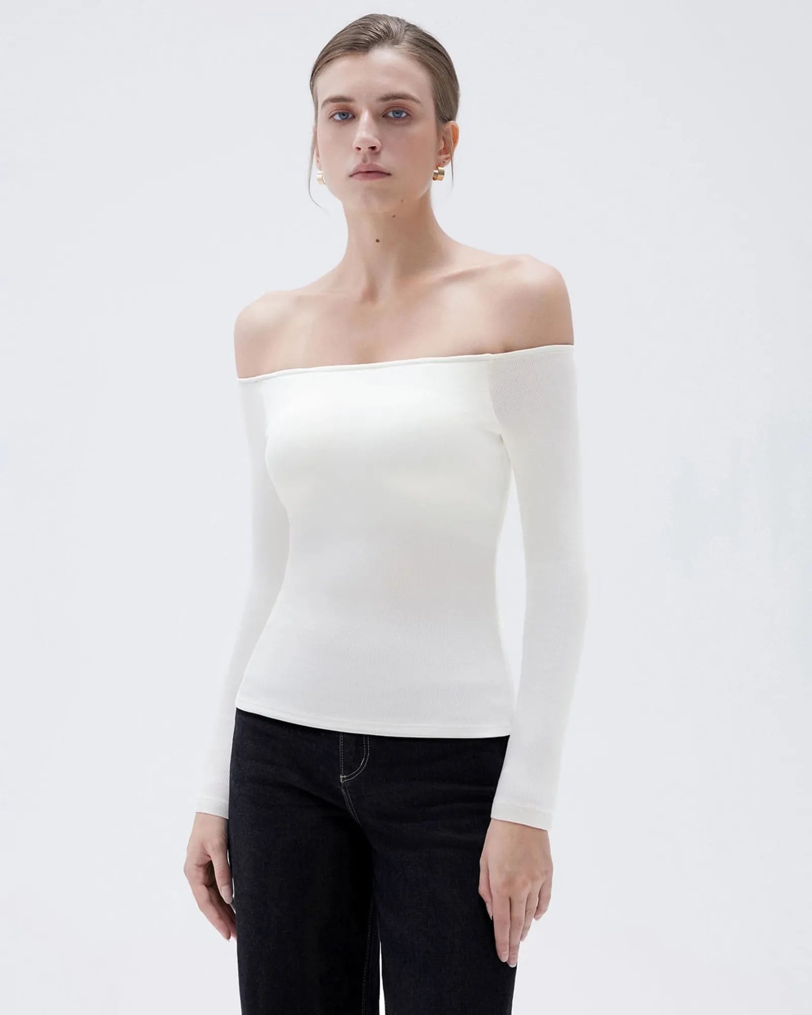 Ribbed Padded Off Shoulder Shirt - Long Sleeve