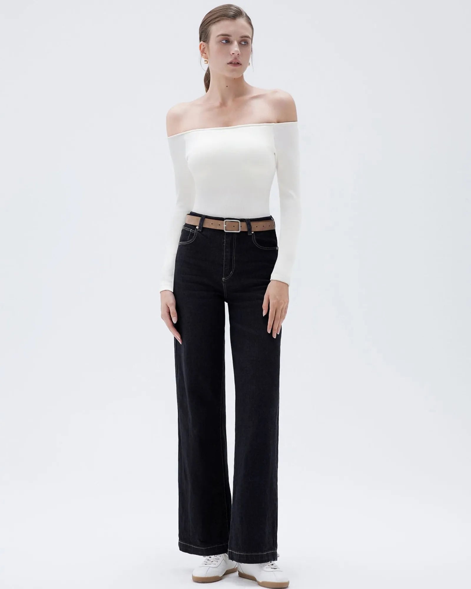 Ribbed Padded Off Shoulder Shirt - Long Sleeve