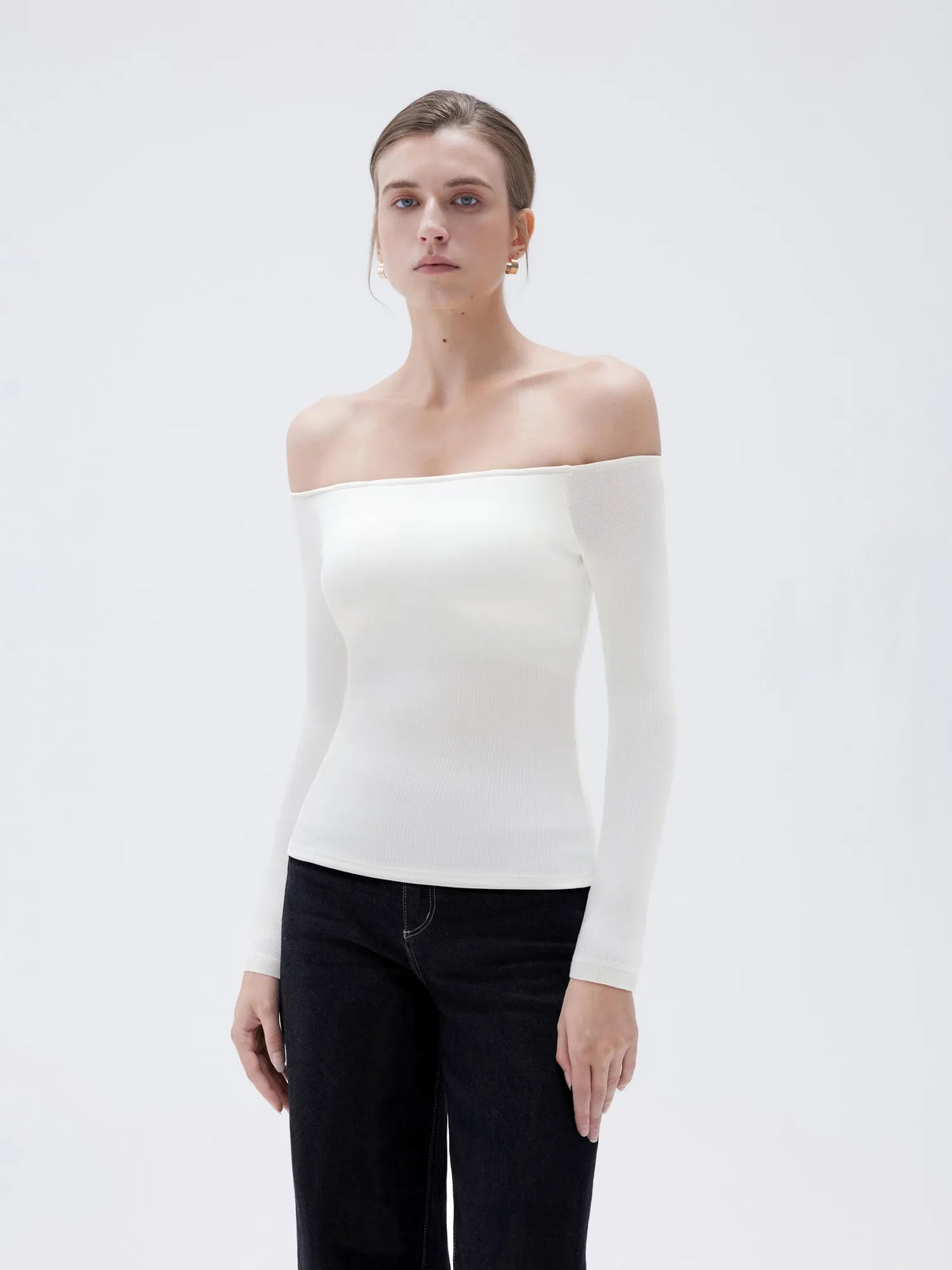 Ribbed Padded Off Shoulder Shirt - Long Sleeve