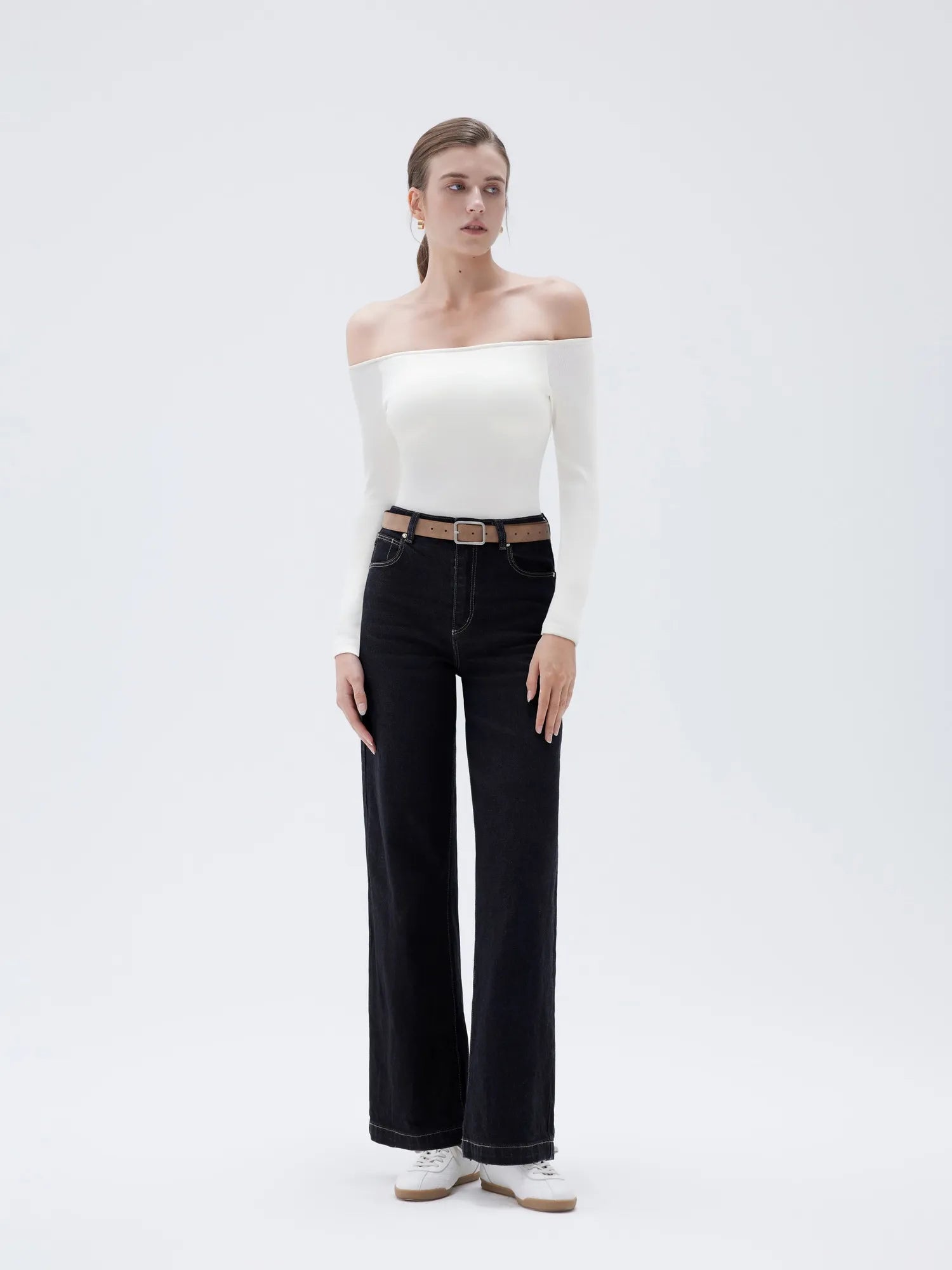 Ribbed Padded Off Shoulder Shirt - Long Sleeve