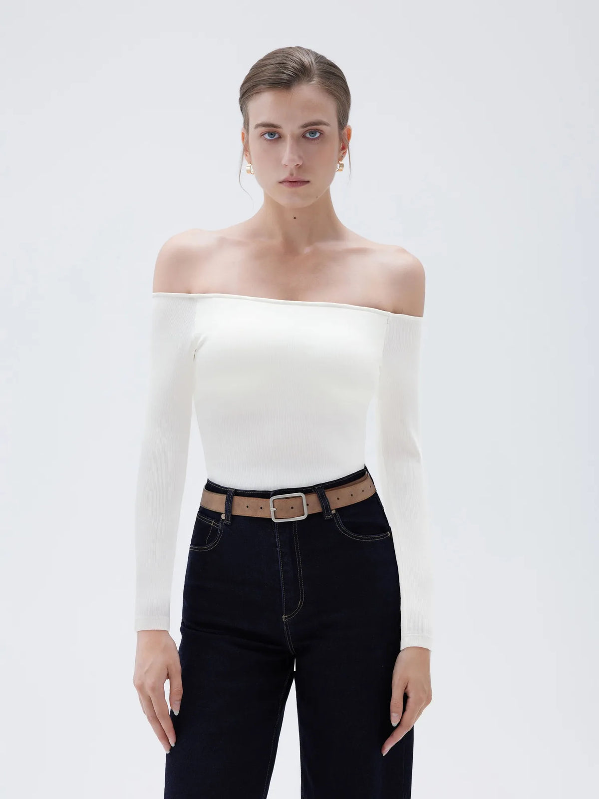 Ribbed Padded Off Shoulder Shirt - Long Sleeve