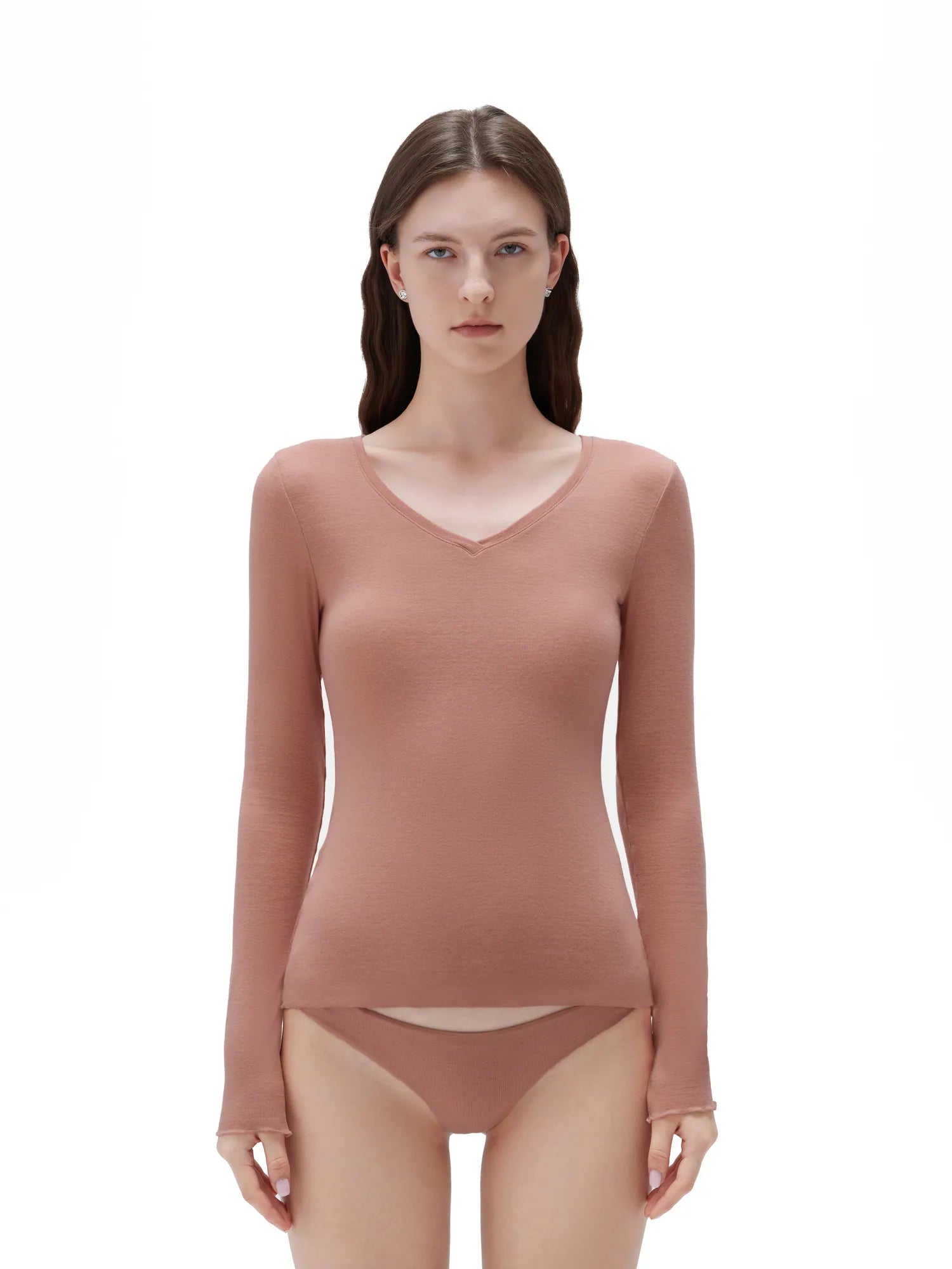 SUUKSESS Cloud Cashmere Women V Neck Fitted Long Sleeve Shirt Basic Soft Knit Tops-SUUKSESS-Dark salmon-XS-SUUKSESS