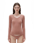 SUUKSESS Cloud Cashmere Women V Neck Fitted Long Sleeve Shirt Basic Soft Knit Tops-SUUKSESS-Dark salmon-XS-SUUKSESS