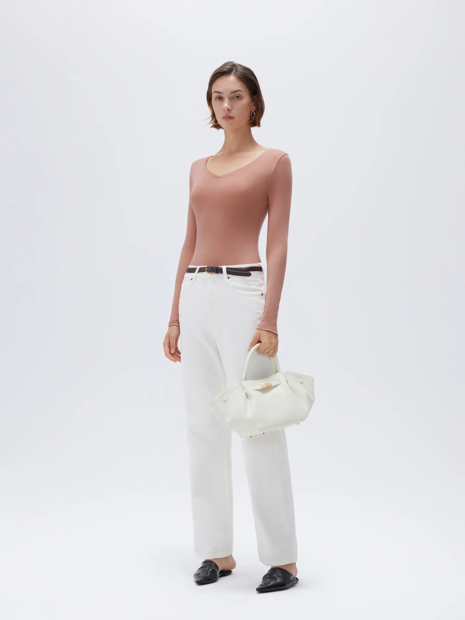 SUUKSESS Cloud Cashmere Women V Neck Fitted Long Sleeve Shirt Basic Soft Knit Tops-SUUKSESS-SUUKSESS