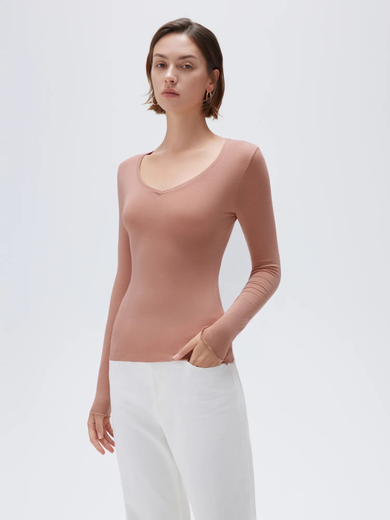 SUUKSESS Cloud Cashmere Women V Neck Fitted Long Sleeve Shirt Basic Soft Knit Tops-SUUKSESS-SUUKSESS