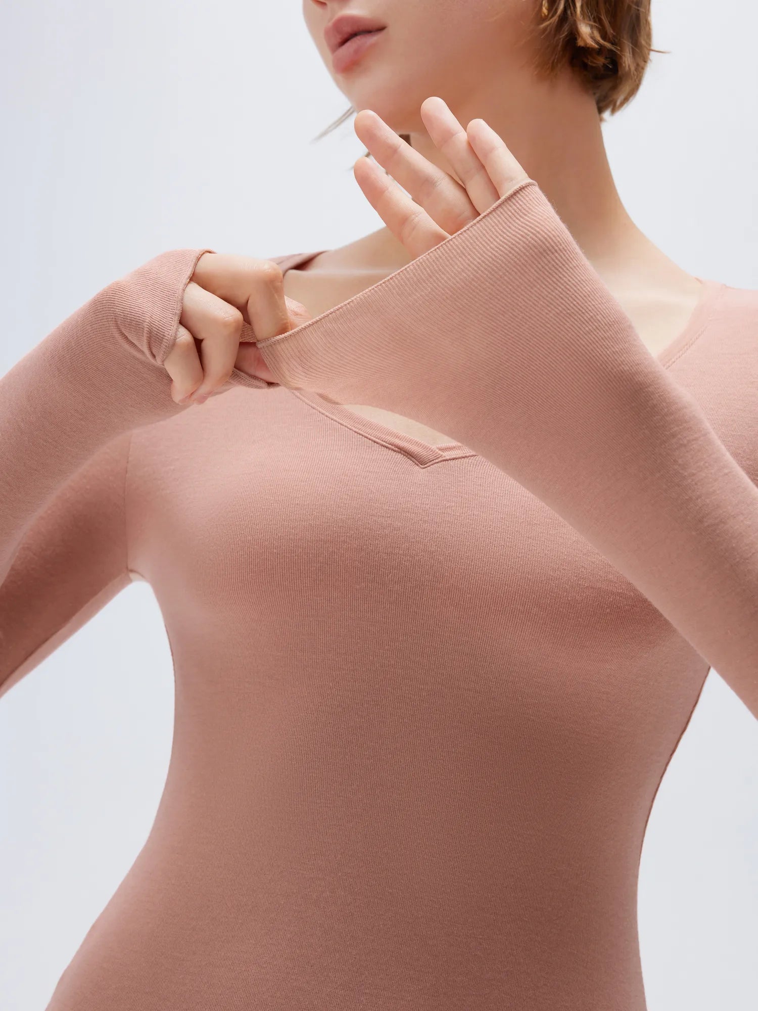 SUUKSESS Cloud Cashmere Women V Neck Fitted Long Sleeve Shirt Basic Soft Knit Tops-SUUKSESS-SUUKSESS