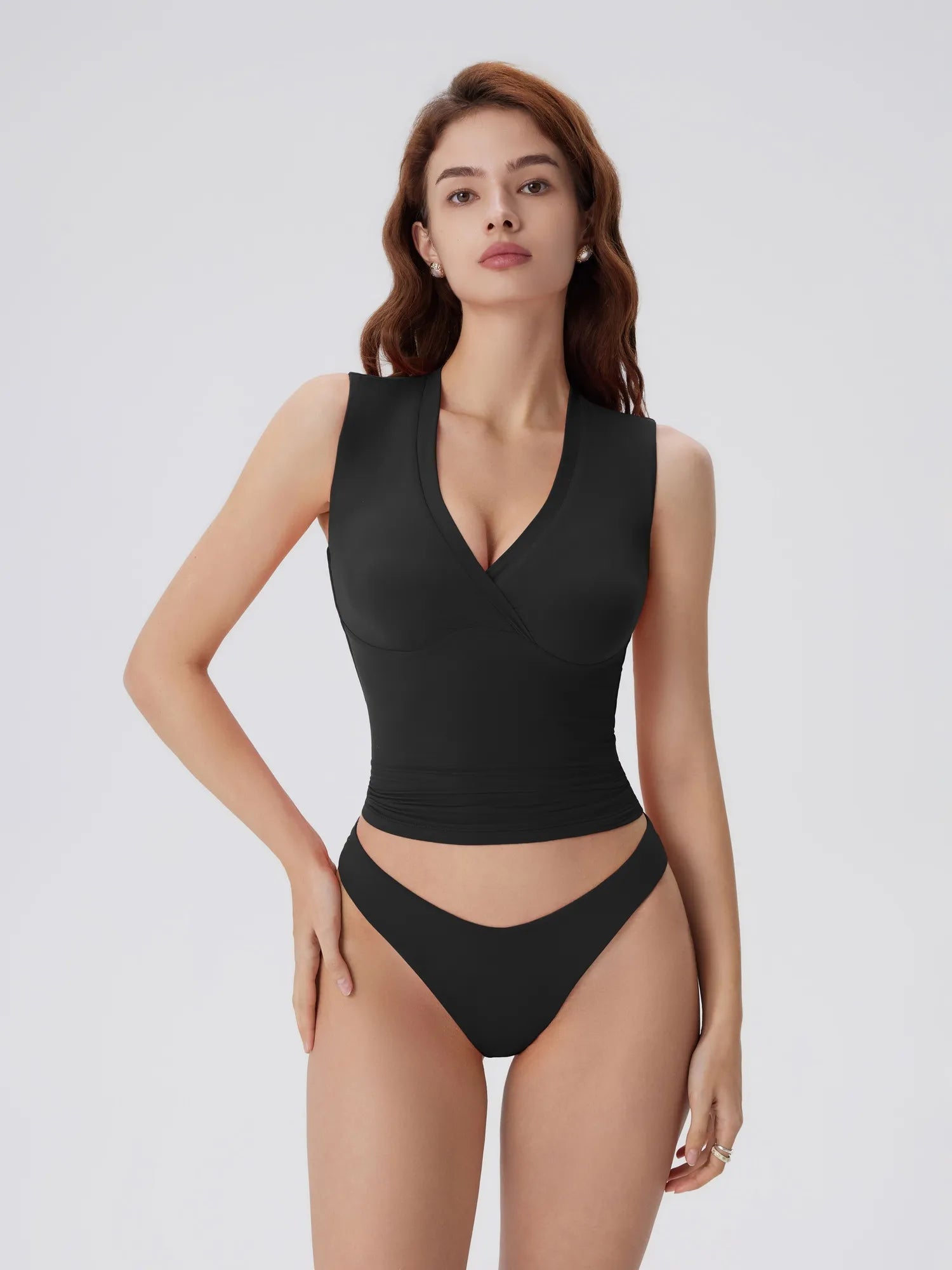 V Neck Double Lined Camisole Tank Tops-SUUKSESS-Black-XS-SUUKSESS