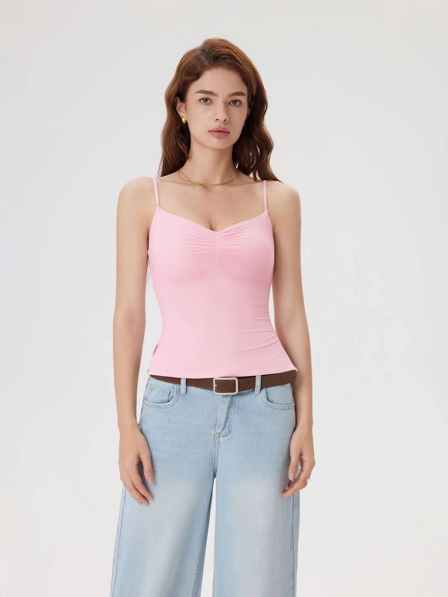 Ruched V Neck Desigh Tank Top-SUUKSESS-Pink-XS-SUUKSESS