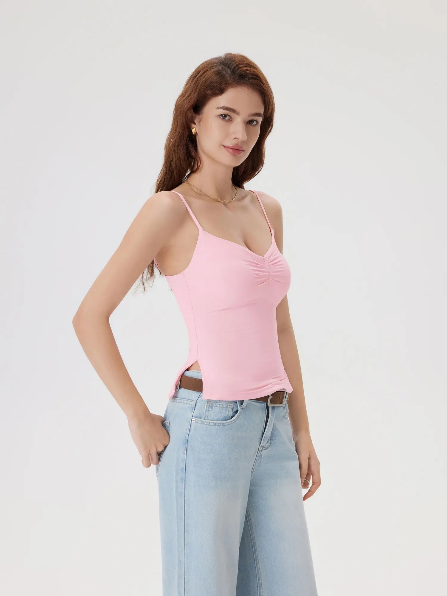 Ruched V Neck Desigh Tank Top-SUUKSESS-SUUKSESS