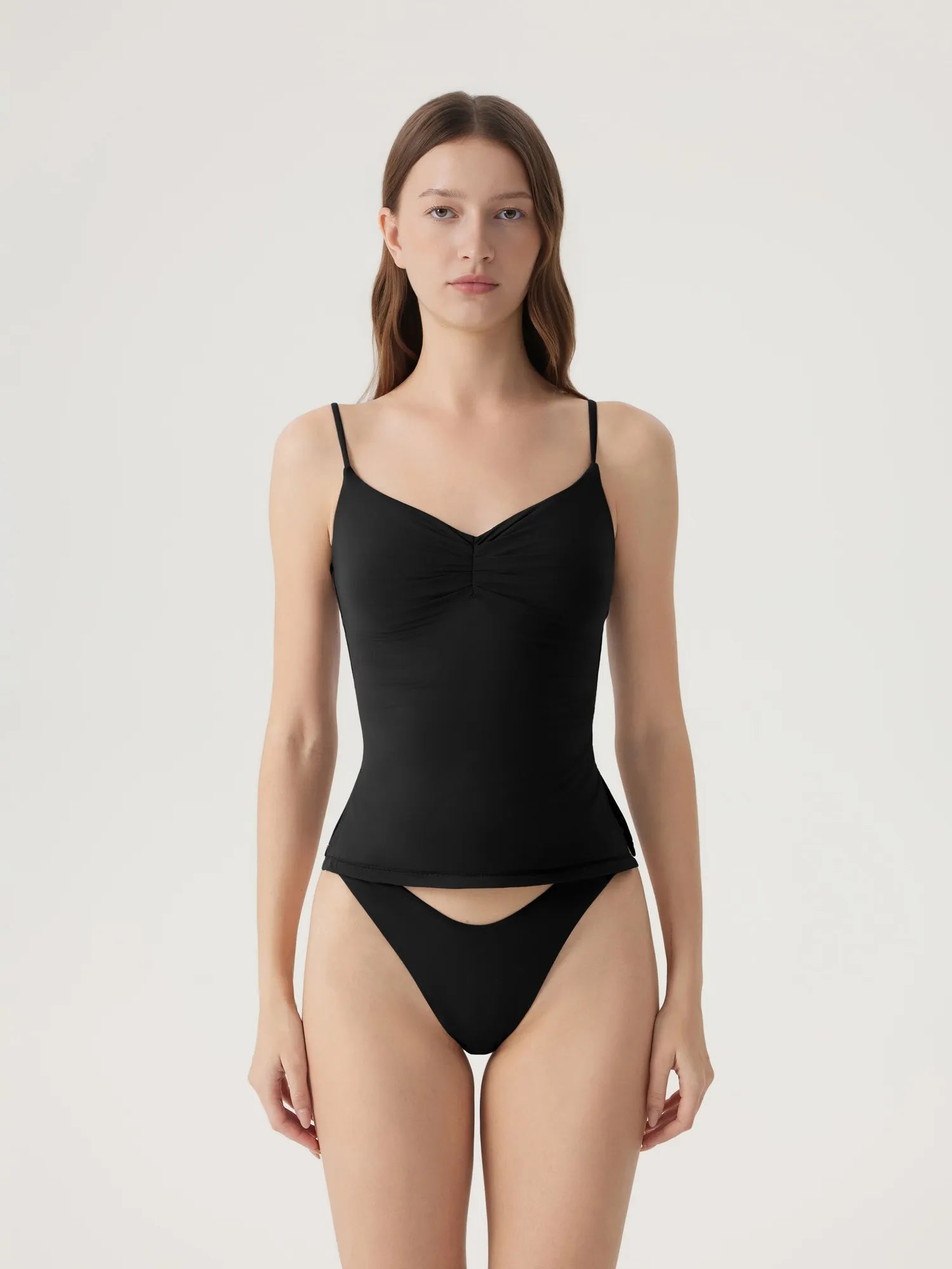 Ruched V Neck Desigh Tank Top-SUUKSESS-Black-XS-SUUKSESS