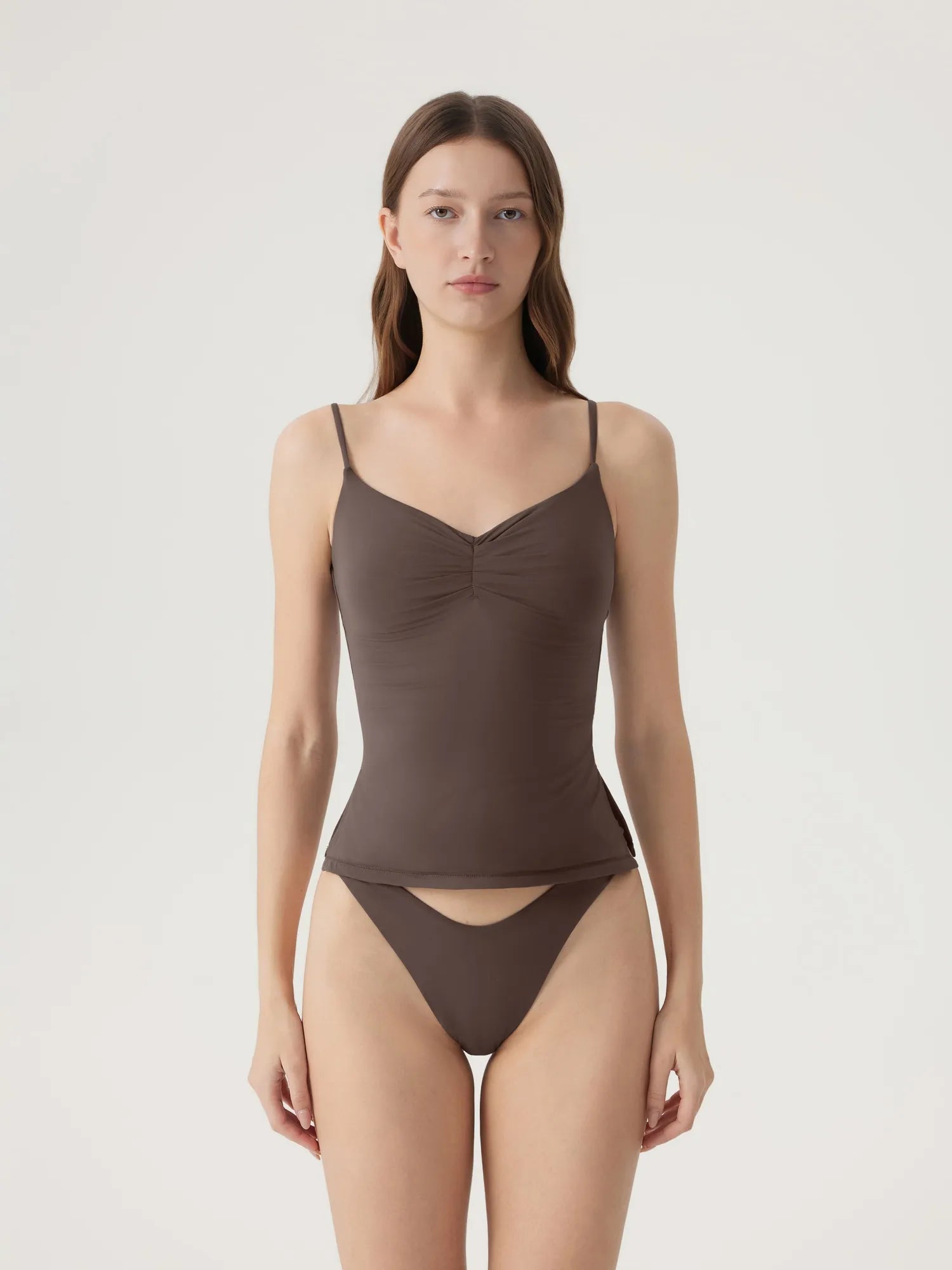 Ruched V Neck Desigh Tank Top-SUUKSESS-Brown-XS-SUUKSESS