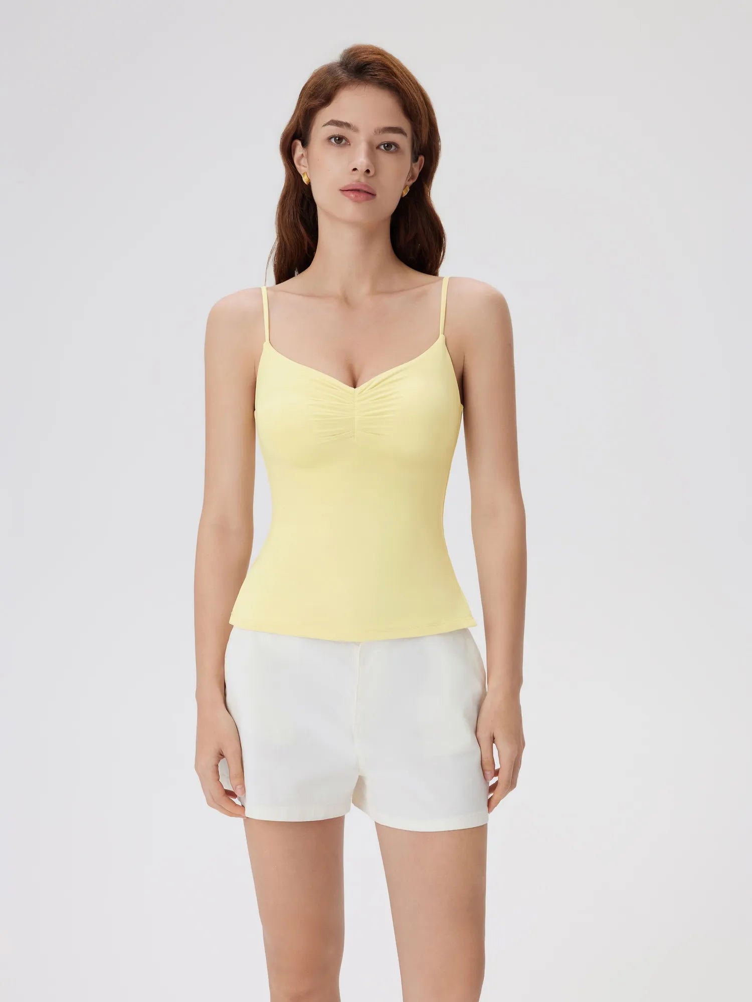 Ruched V Neck Desigh Tank Top-SUUKSESS-Yellow-XS-SUUKSESS