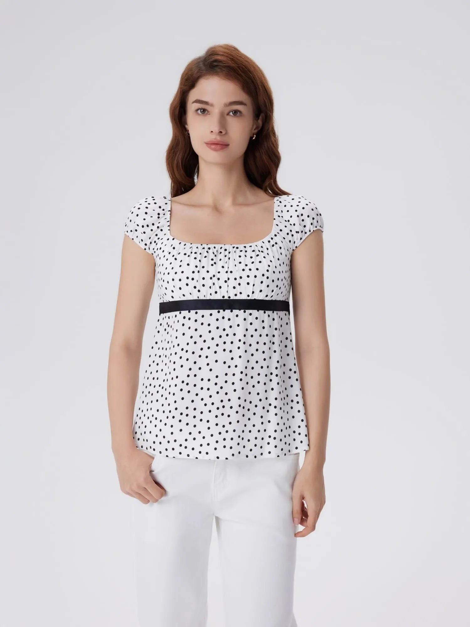 Babydoll Square Peplum with Bow Tie Tops-SUUKSESS-White Polka Dots-XS-SUUKSESS