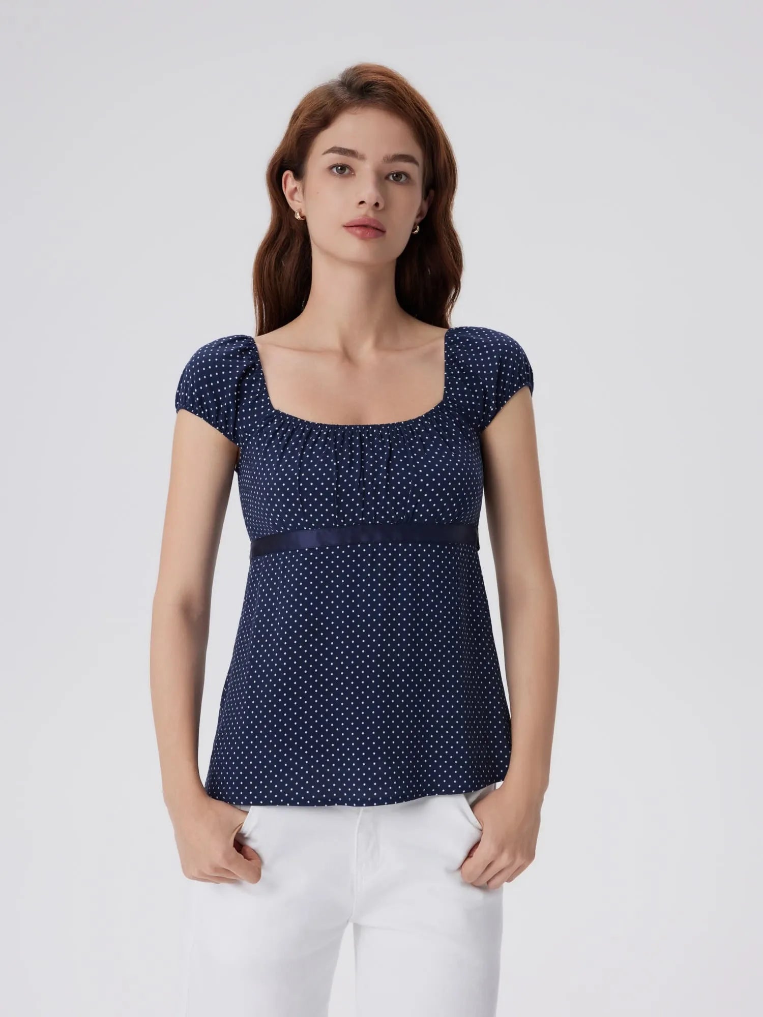 Babydoll Square Peplum with Bow Tie Tops-SUUKSESS-Navy Polka Dots-XS-SUUKSESS