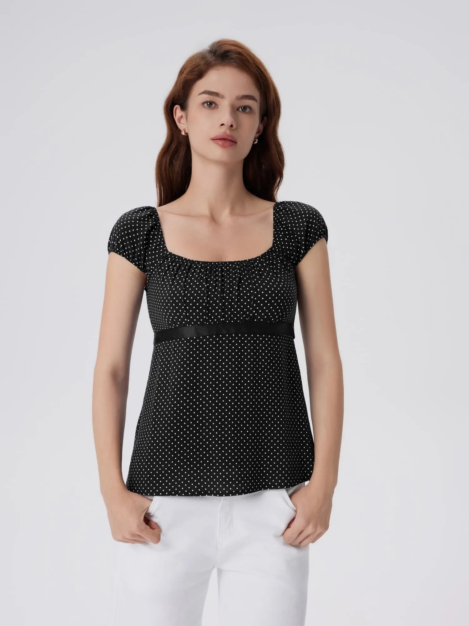 Babydoll Square Peplum with Bow Tie Tops-SUUKSESS-Black Polka Dots-XS-SUUKSESS