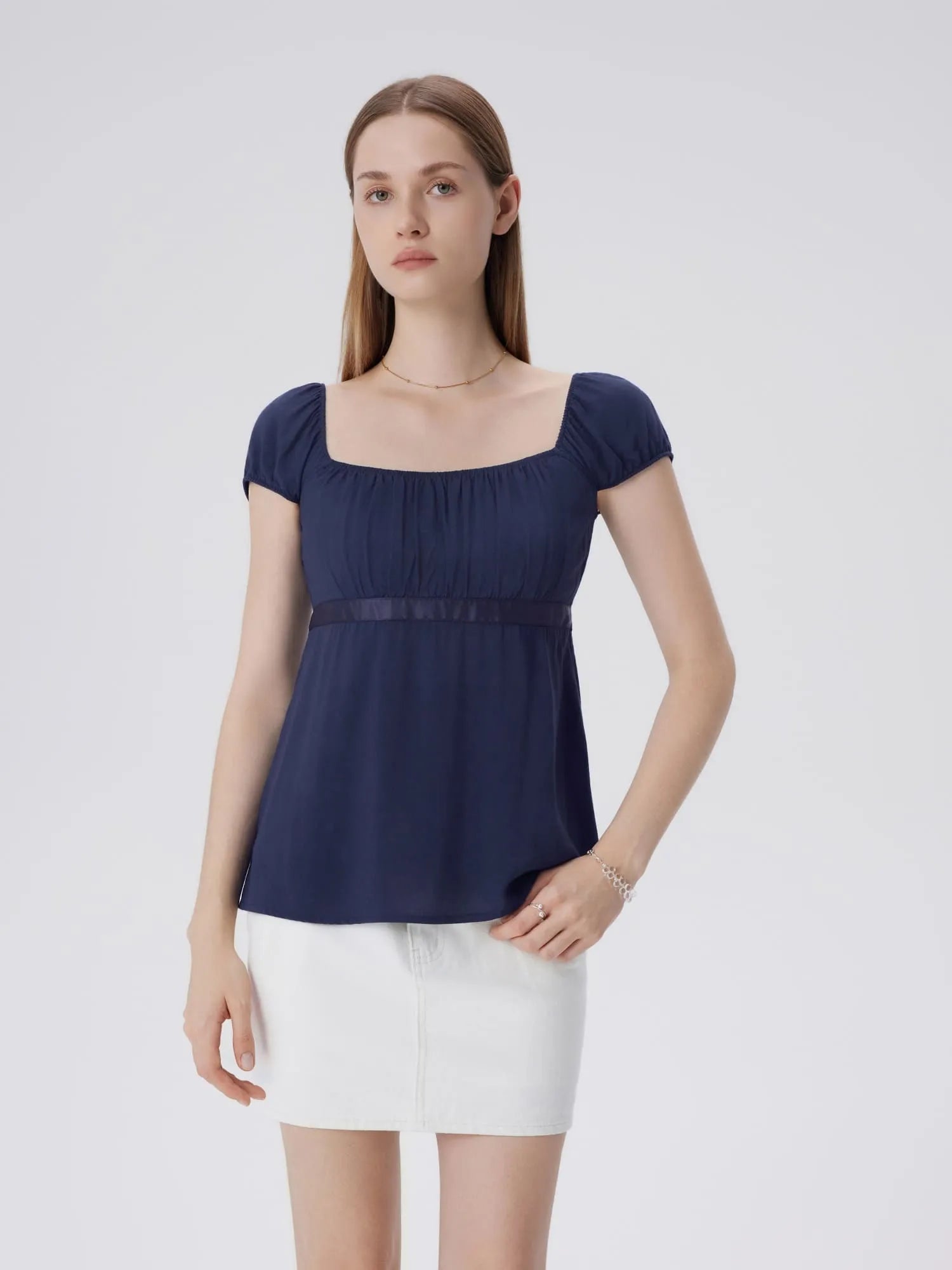 Babydoll Square Peplum with Bow Tie Tops-SUUKSESS-Navy-XS-SUUKSESS