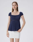 Babydoll Square Peplum with Bow Tie Tops-SUUKSESS-Navy-XS-SUUKSESS