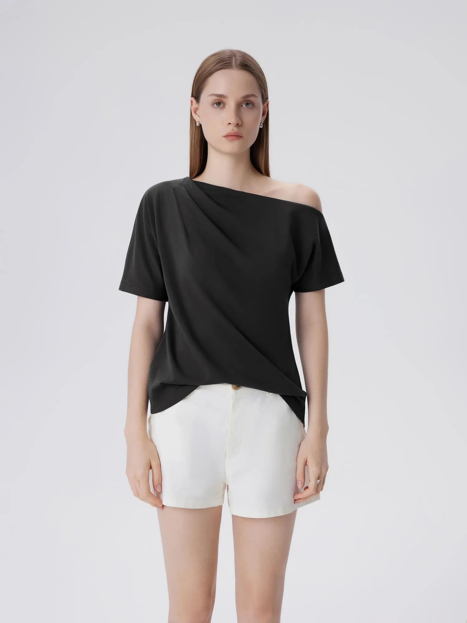 Asymmetrical Off Shoulder Short Sleeve T-Shirts-SUUKSESS-Black-XS-SUUKSESS