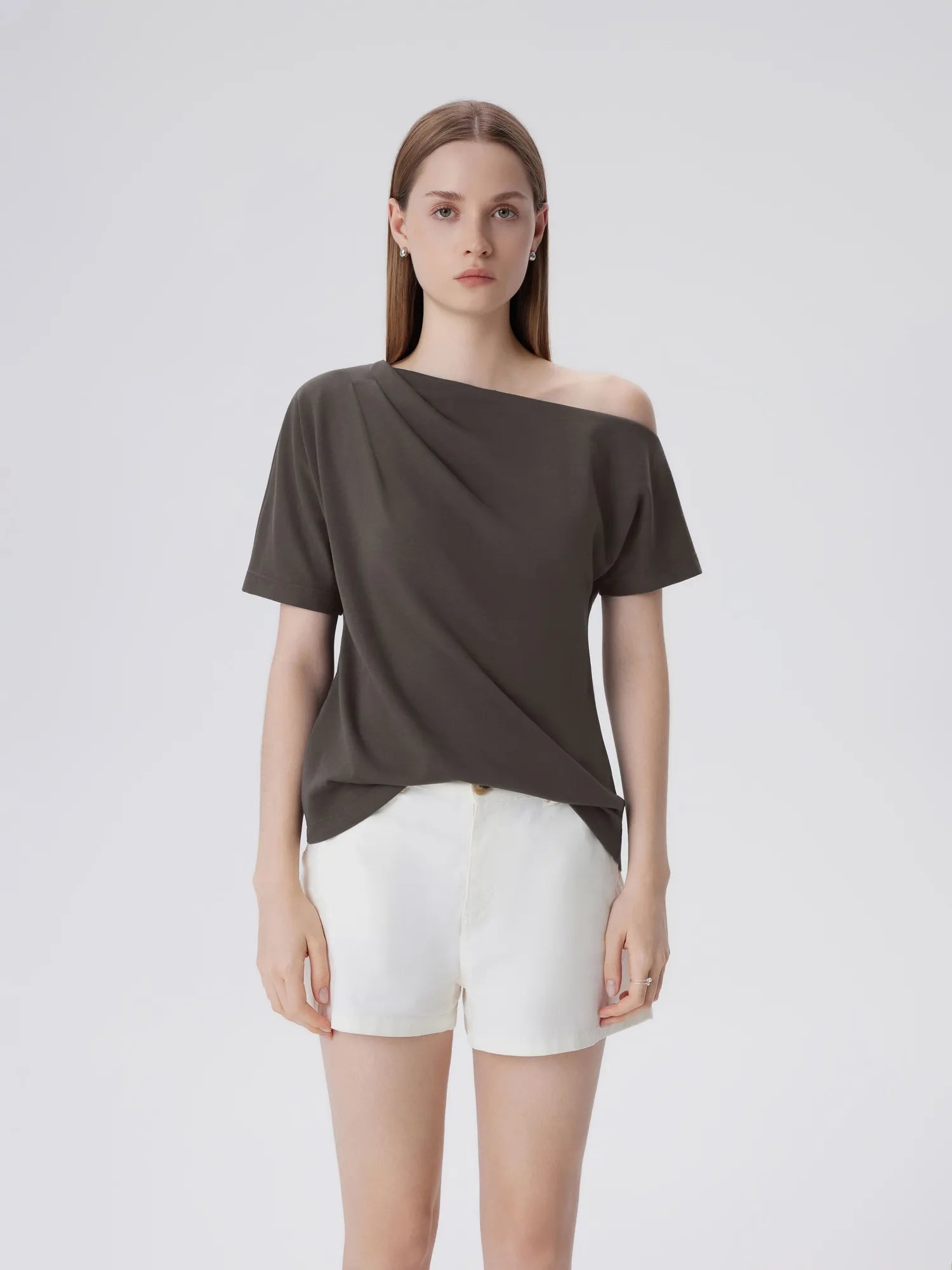 Asymmetrical Off Shoulder Short Sleeve T-Shirts-SUUKSESS-Brown-XS-SUUKSESS