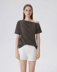 Asymmetrical Off Shoulder Short Sleeve T-Shirts-SUUKSESS-Brown-XS-SUUKSESS