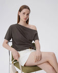 Asymmetrical Off Shoulder Short Sleeve T-Shirts-SUUKSESS-SUUKSESS