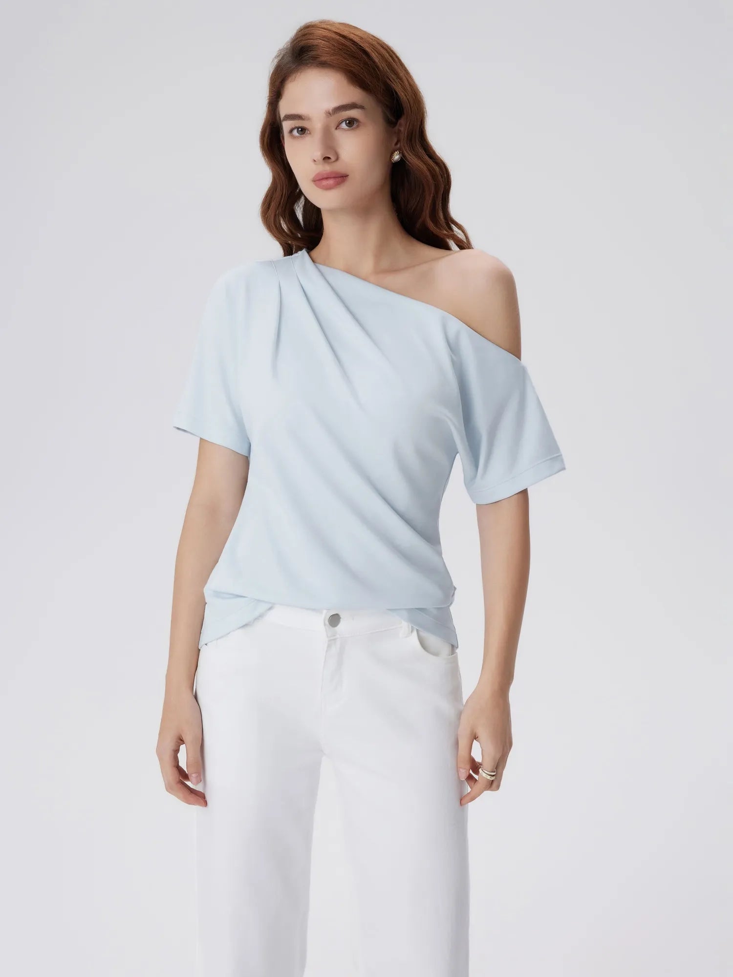 Asymmetrical Off Shoulder Short Sleeve T-Shirts-SUUKSESS-Sky Blue-XS-SUUKSESS