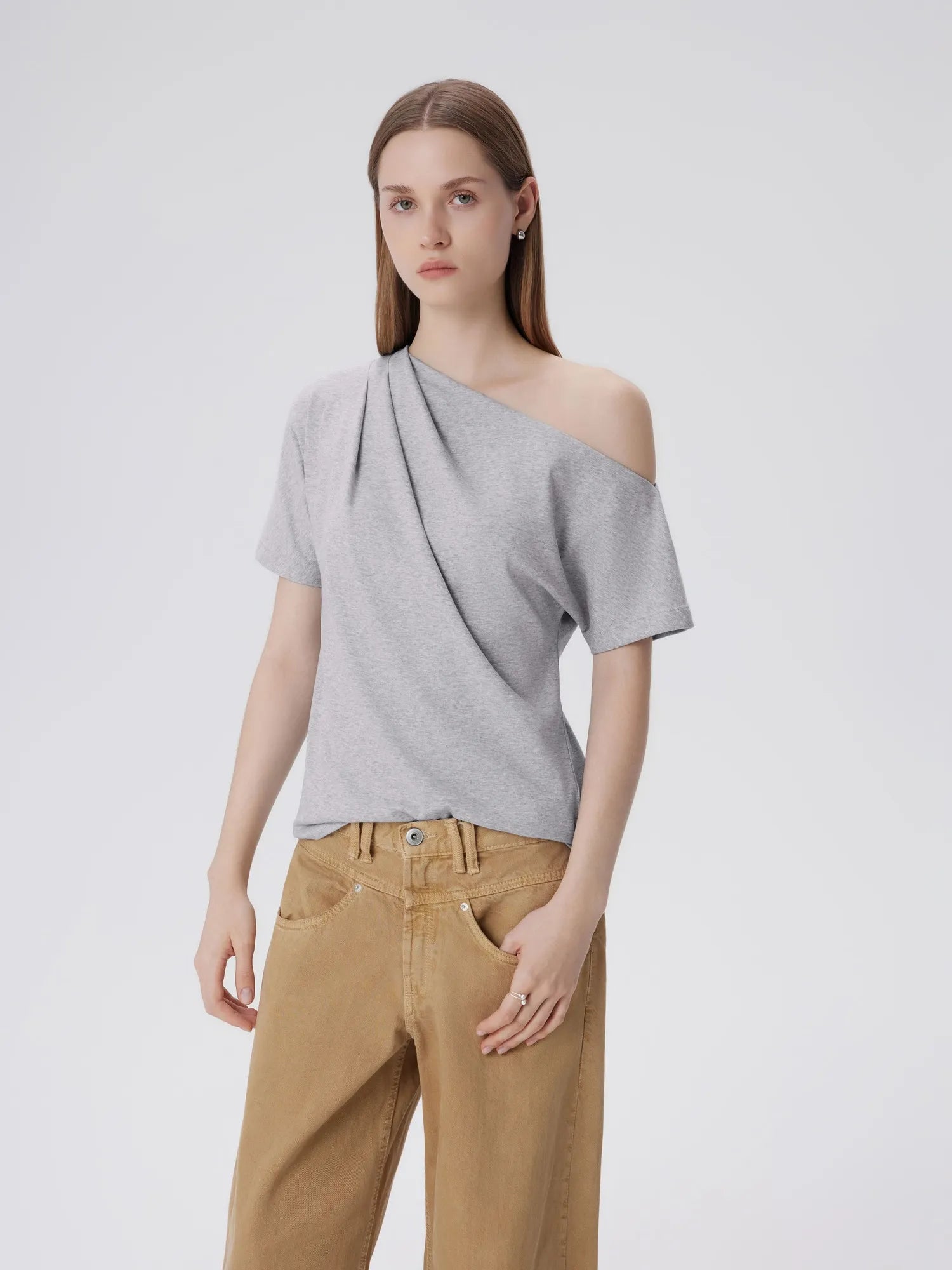 Asymmetrical Off Shoulder Short Sleeve T-Shirts-SUUKSESS-Grey-XS-SUUKSESS