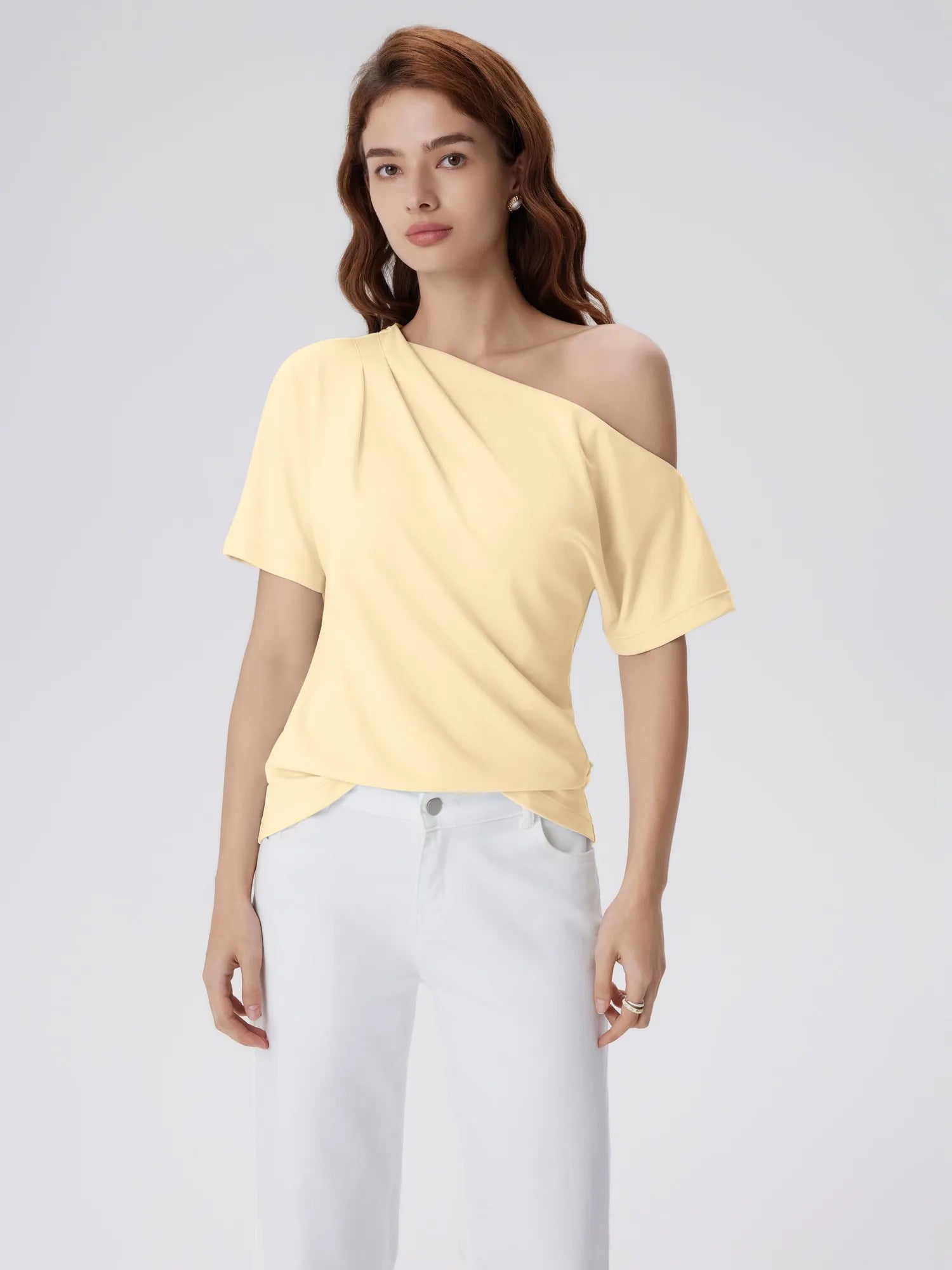 Asymmetrical Off Shoulder Short Sleeve T-Shirts-SUUKSESS-Yellow-XS-SUUKSESS