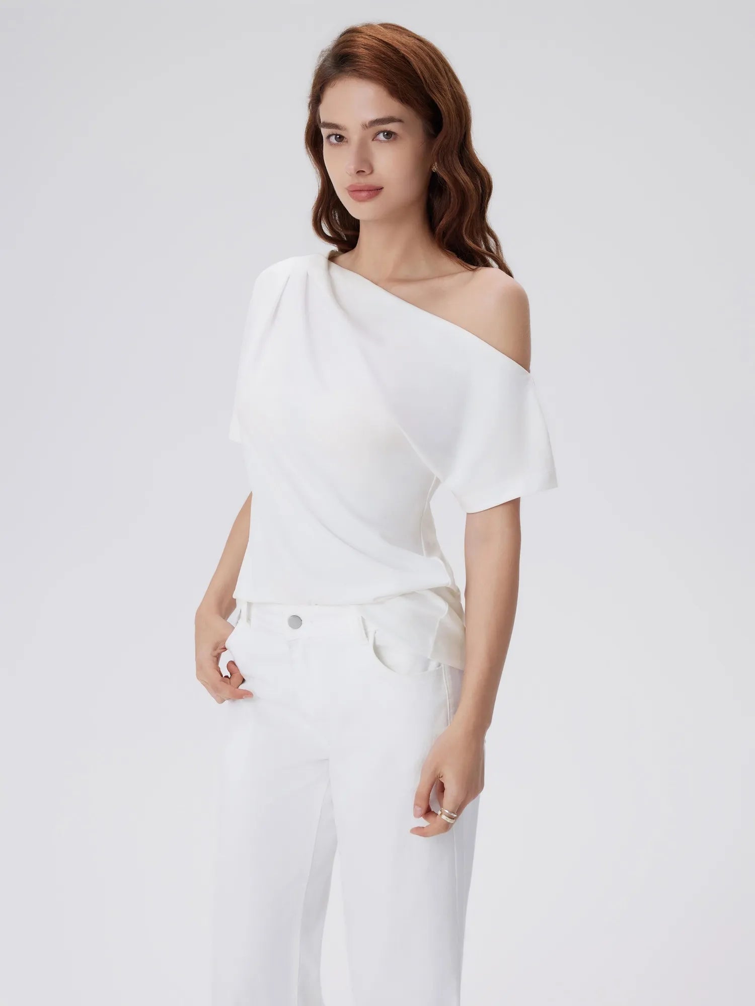 Asymmetrical Off Shoulder Short Sleeve T-Shirts-SUUKSESS-White-XS-SUUKSESS