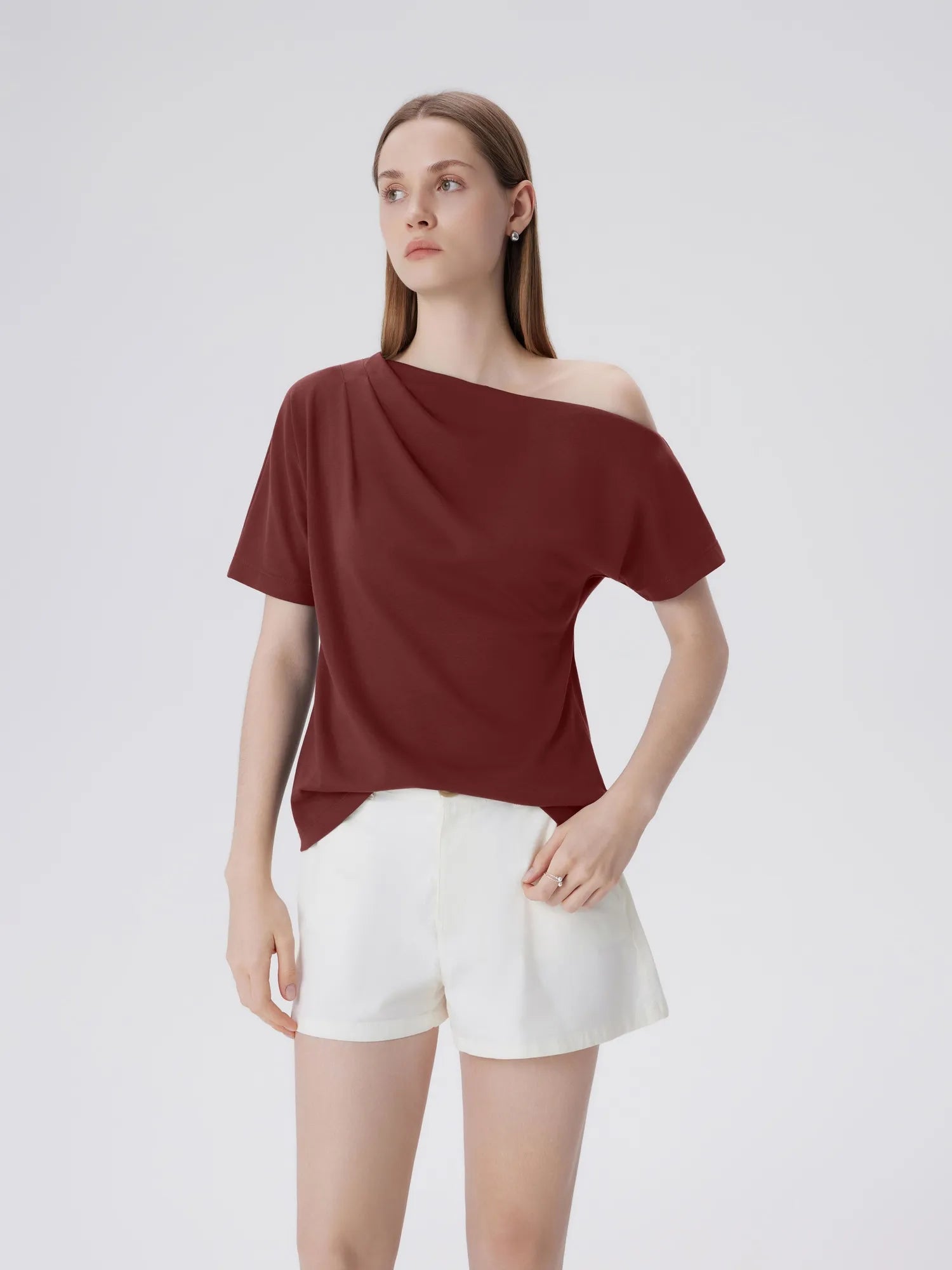 Asymmetrical Off Shoulder Short Sleeve T-Shirts-SUUKSESS-Wine-XS-SUUKSESS