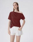 Asymmetrical Off Shoulder Short Sleeve T-Shirts-SUUKSESS-Wine-XS-SUUKSESS