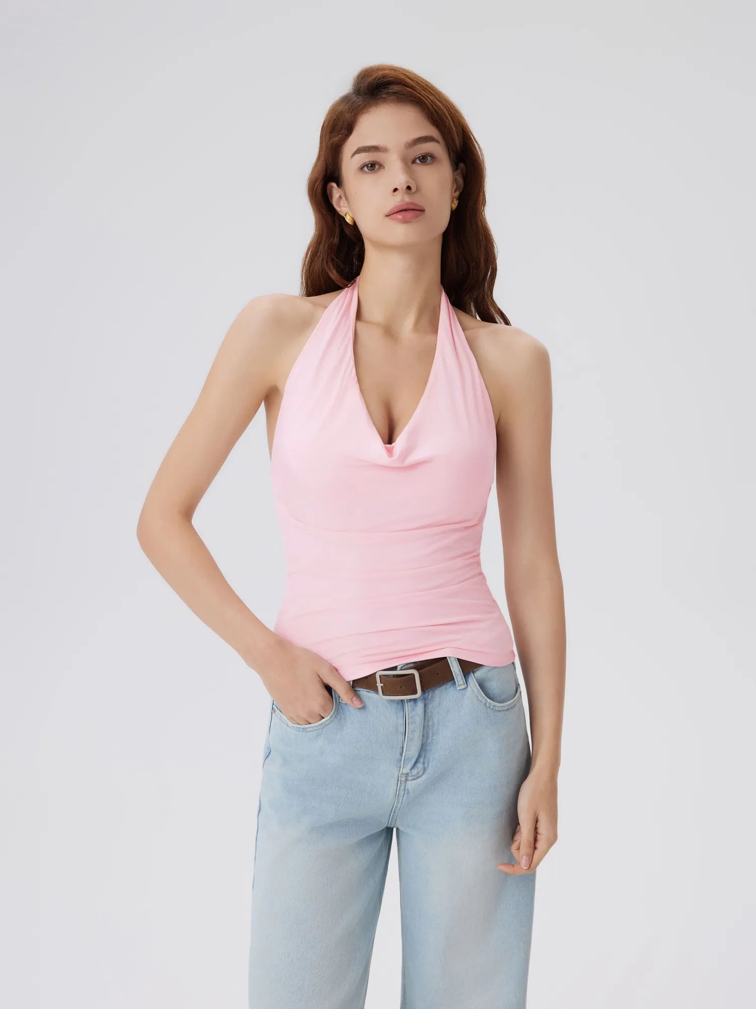 Deep V Halter Open Back Tank Tops-SUUKSESS-Pink-XS-SUUKSESS
