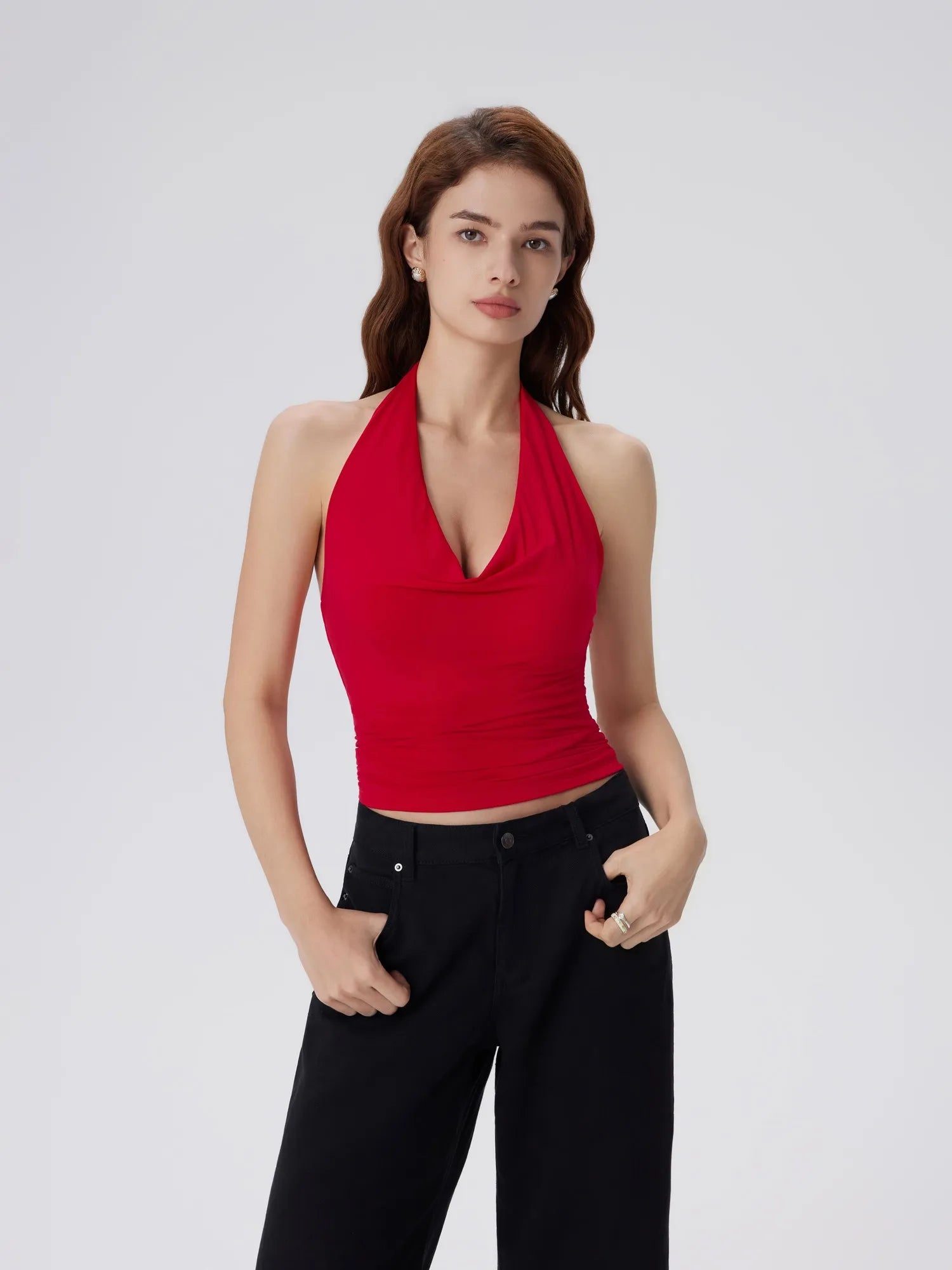 Deep V Halter Open Back Tank Tops-SUUKSESS-Red-XS-SUUKSESS