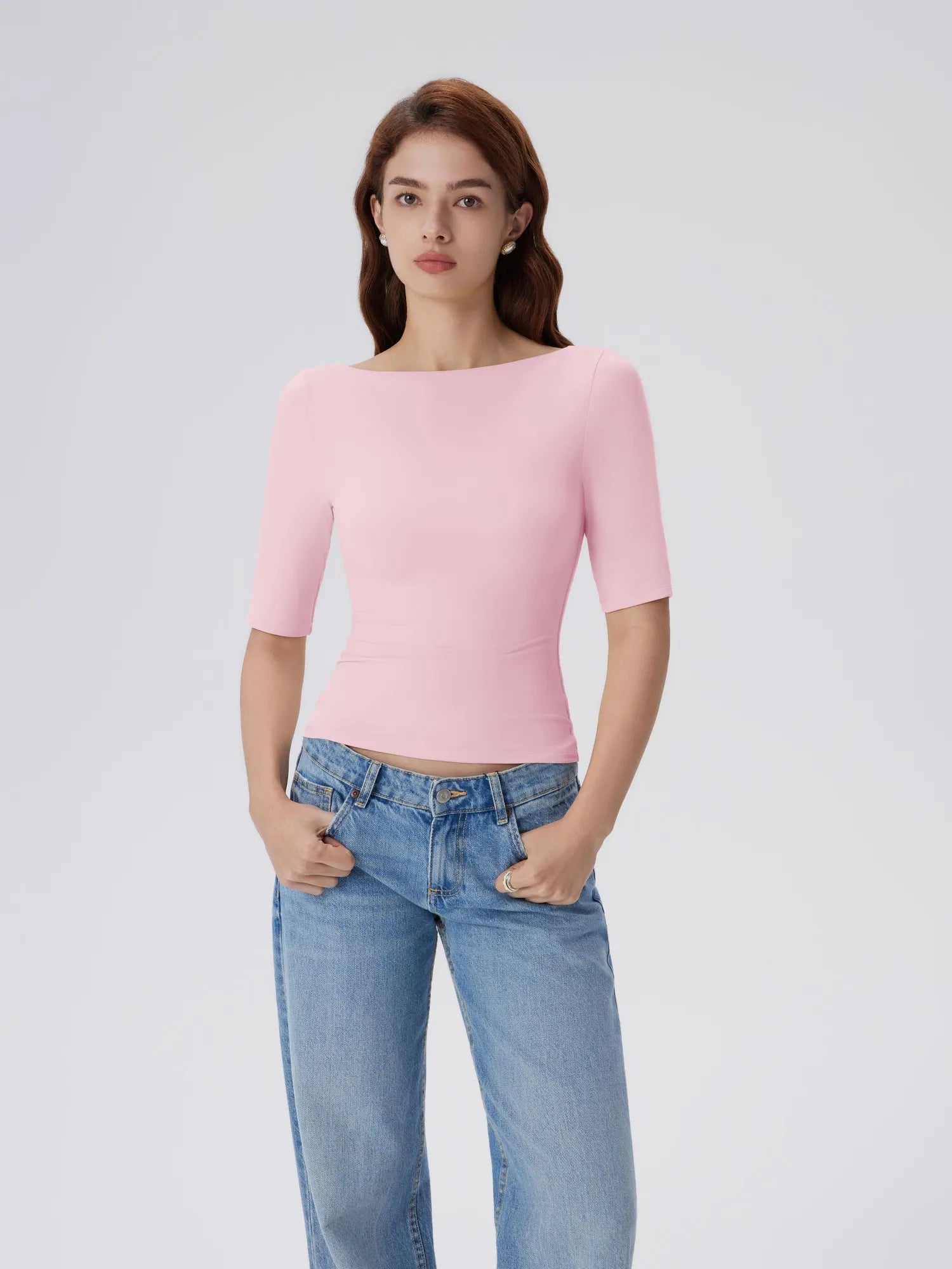 Tight Fitted Half Sleeve Boat Neck Shirt-SUUKSESS-Pink-XS-SUUKSESS