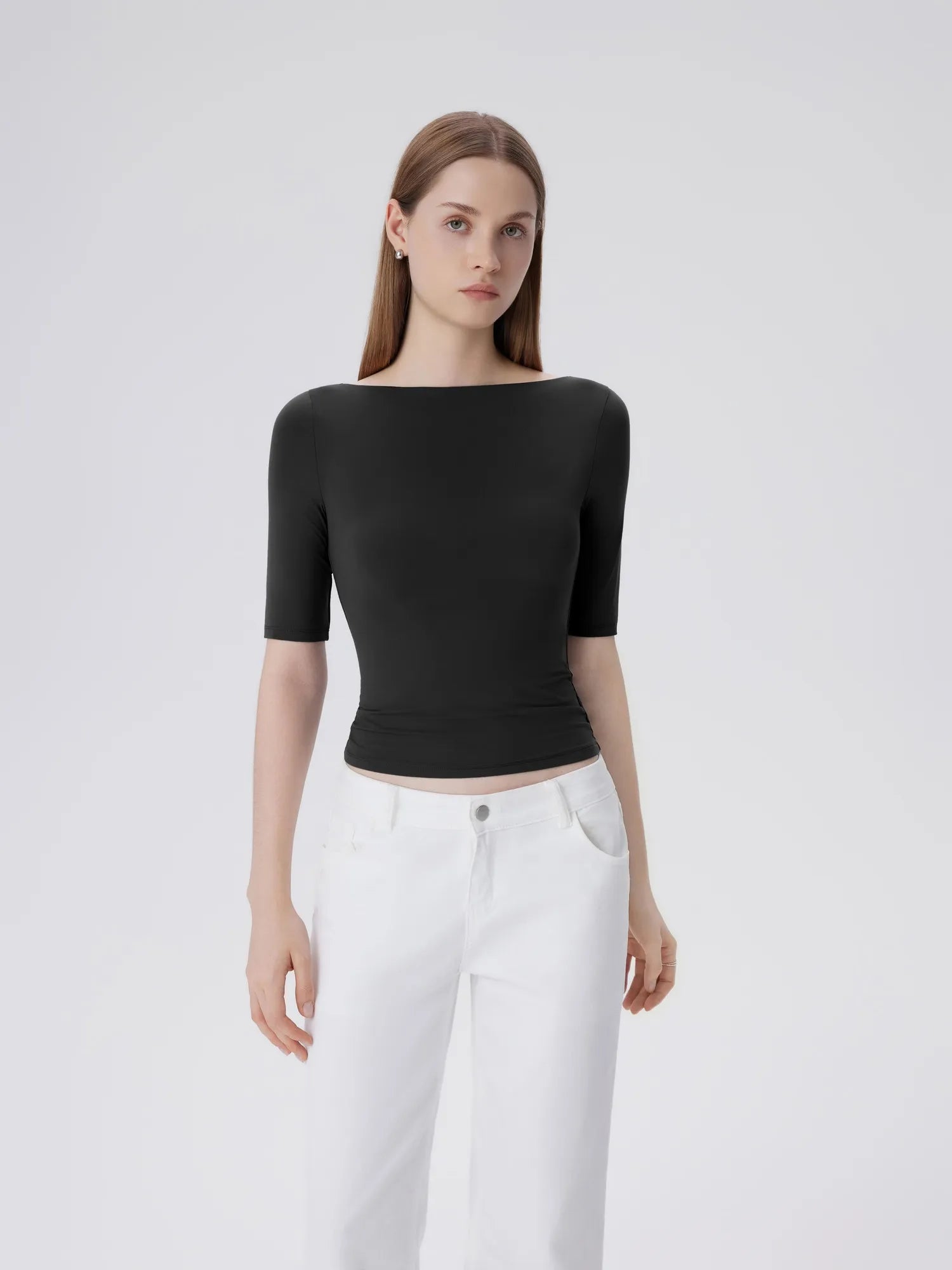 Tight Fitted Half Sleeve Boat Neck Shirt-SUUKSESS-Black-XS-SUUKSESS