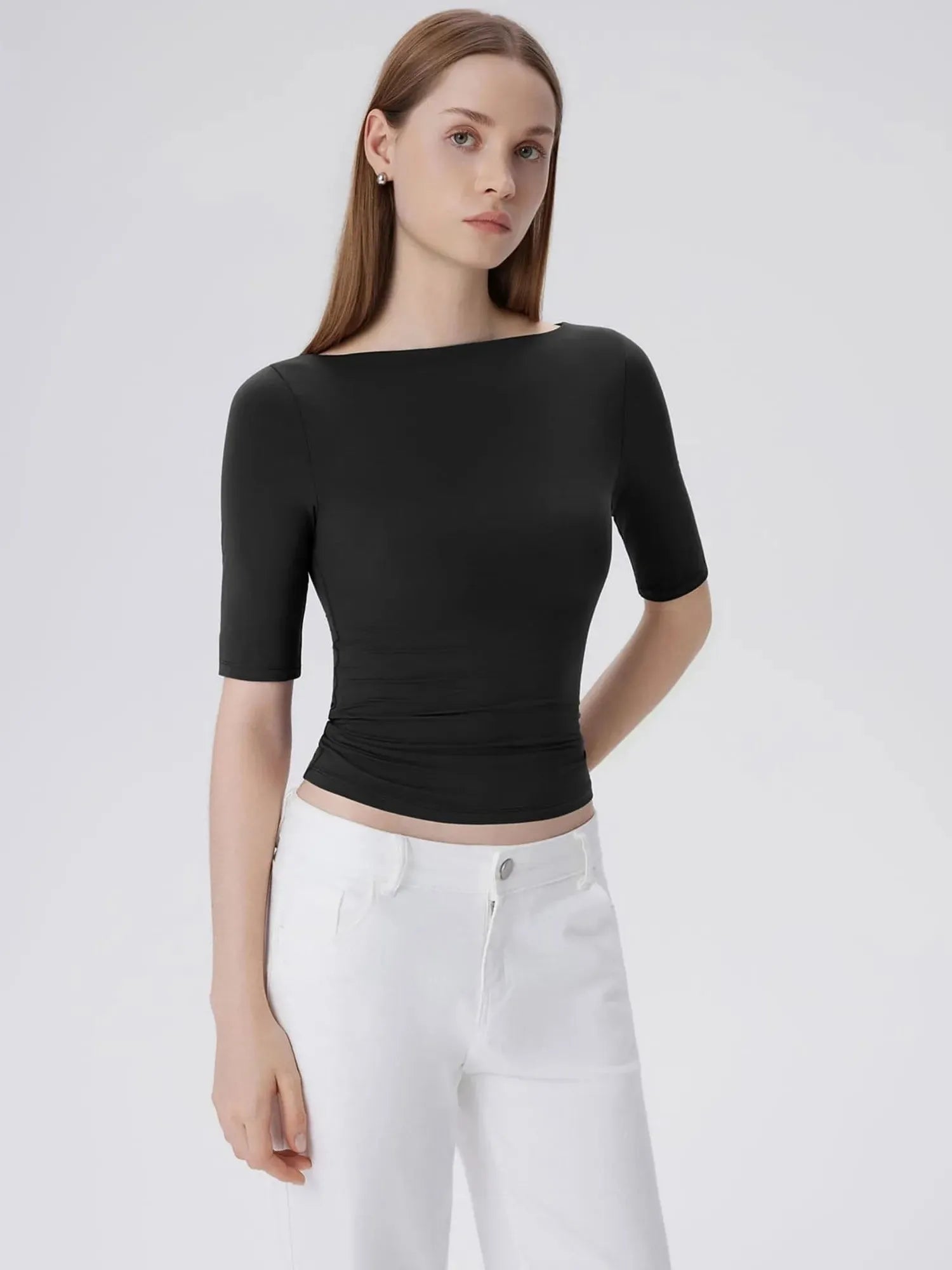 Tight Fitted Half Sleeve Boat Neck Shirt-SUUKSESS-SUUKSESS