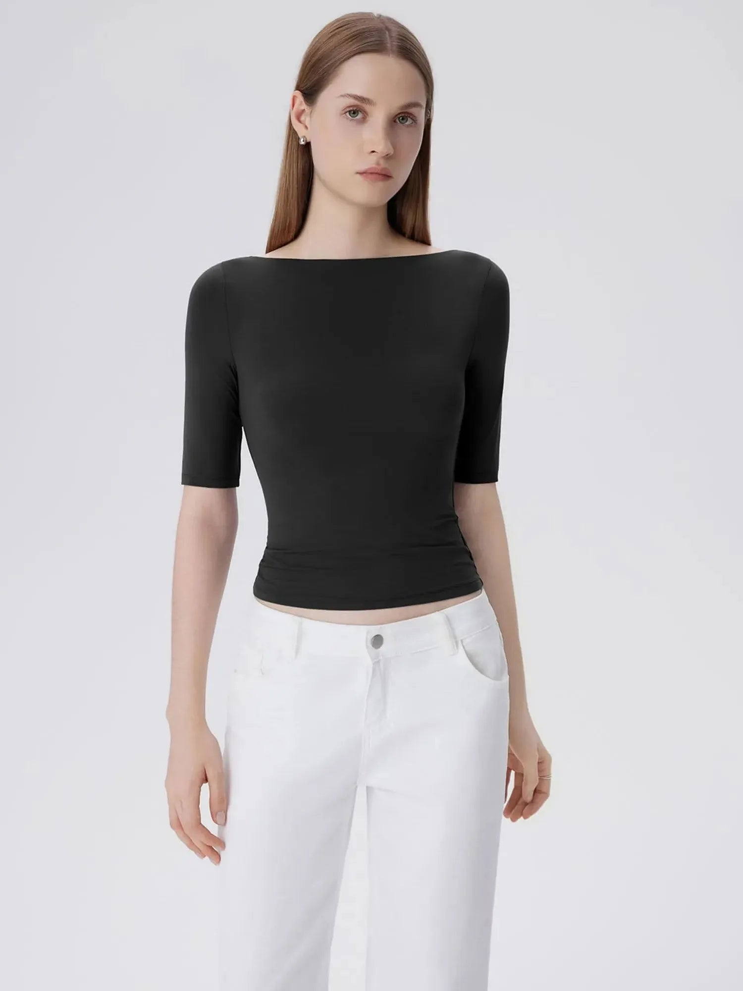 Tight Fitted Half Sleeve Boat Neck Shirt-SUUKSESS-SUUKSESS