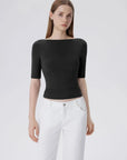 Tight Fitted Half Sleeve Boat Neck Shirt-SUUKSESS-SUUKSESS