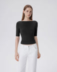 Tight Fitted Half Sleeve Boat Neck Shirt-SUUKSESS-Black-XS-SUUKSESS