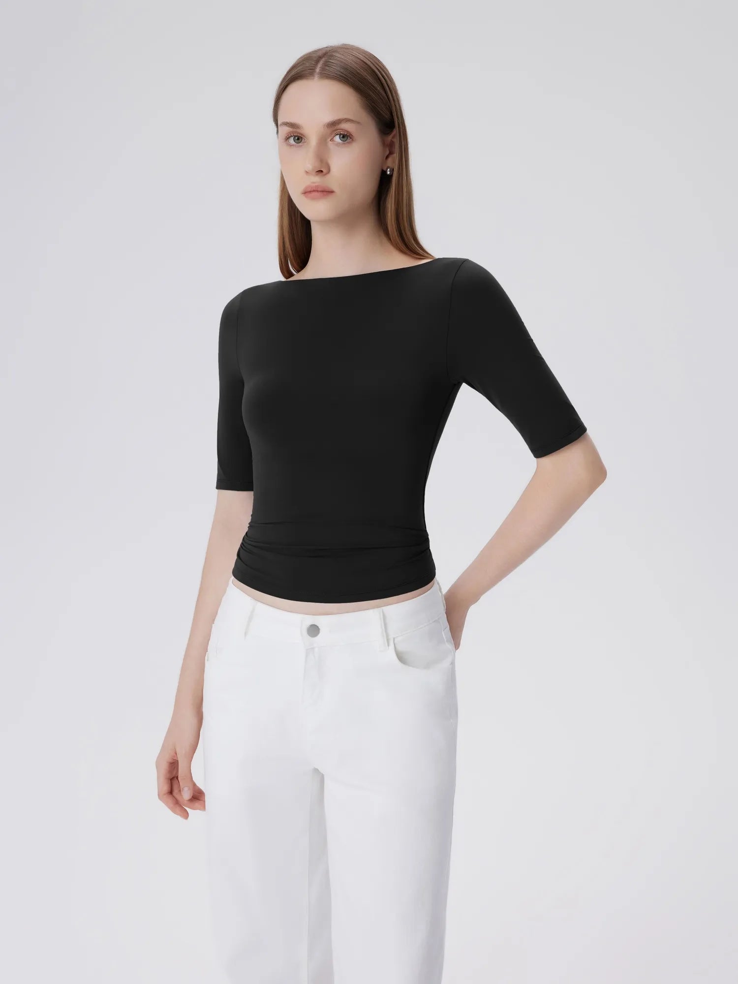 Tight Fitted Half Sleeve Boat Neck Shirt-SUUKSESS-SUUKSESS