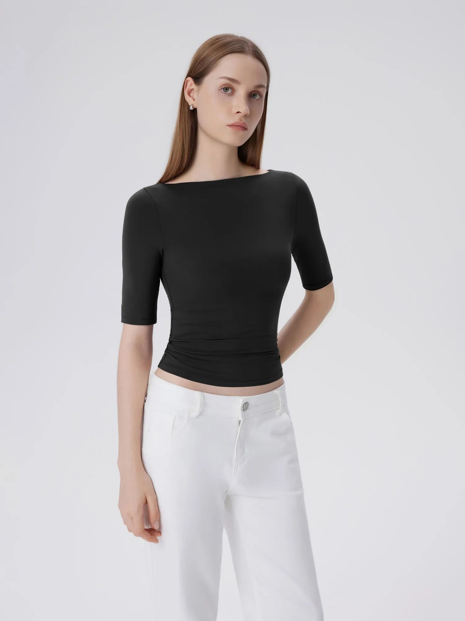 Tight Fitted Half Sleeve Boat Neck Shirt-SUUKSESS-SUUKSESS