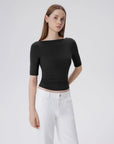 Tight Fitted Half Sleeve Boat Neck Shirt-SUUKSESS-SUUKSESS