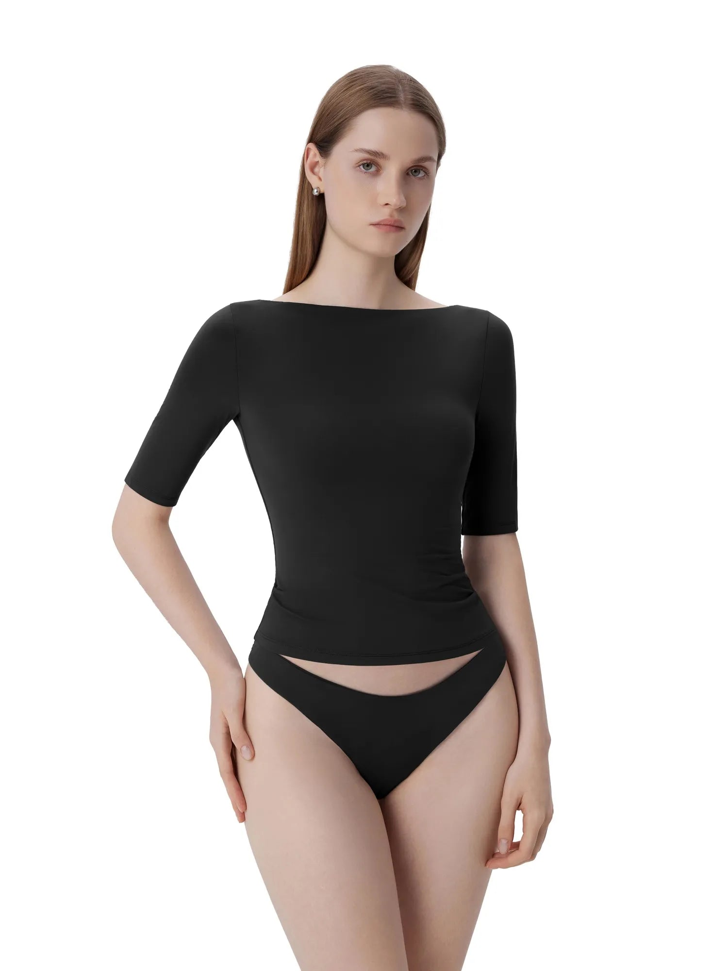 Tight Fitted Half Sleeve Boat Neck Shirt-SUUKSESS-SUUKSESS